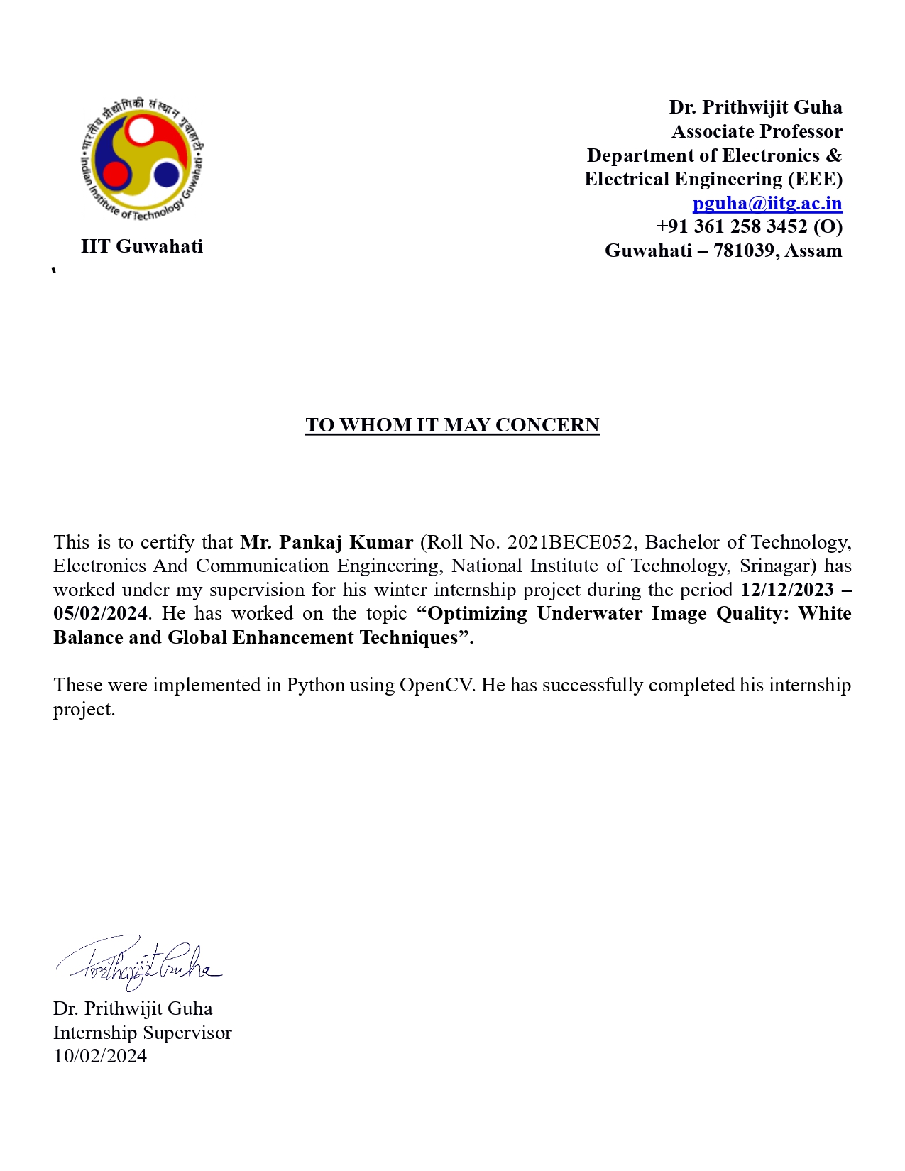 Research internship at IIT Guwahati Certificate